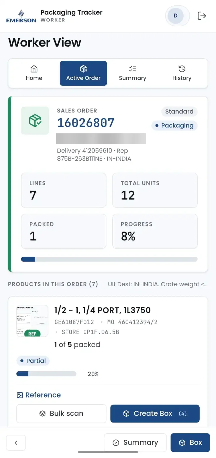 Packaging Tracker app showing a sales order with 7 lines, 12 units and packing progress