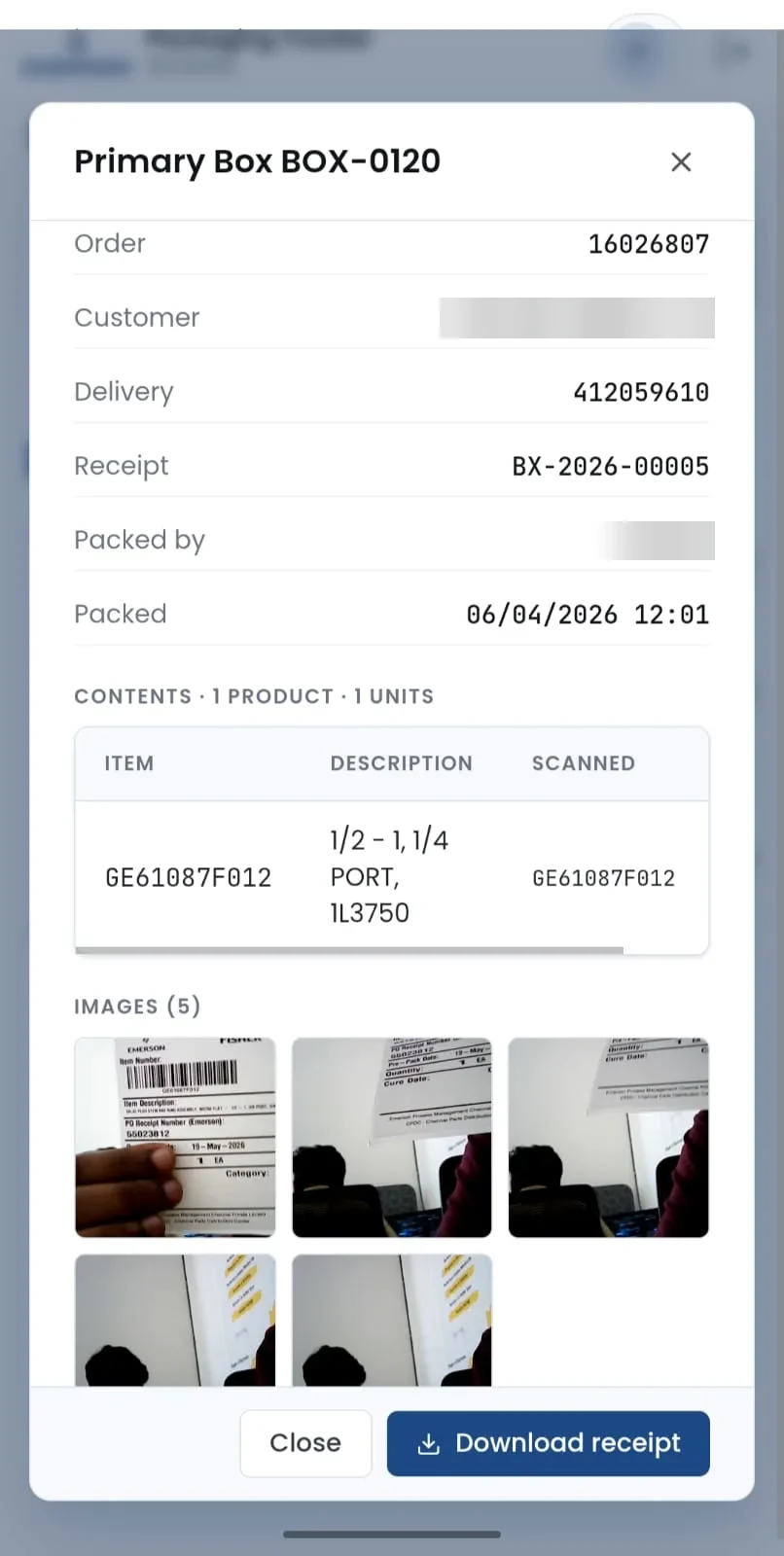 A digital box receipt listing the order, contents, packing time and five unit photos