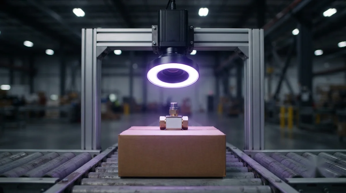 An AI camera with a ring light mounted over the conveyor, reading a part on a box