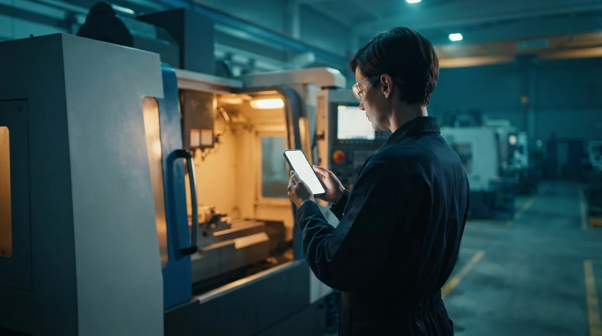 A maintenance engineer checks an alert on her phone beside a machine
