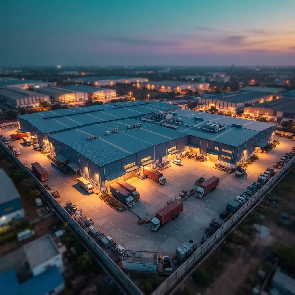 Aerial view of a factory at dusk