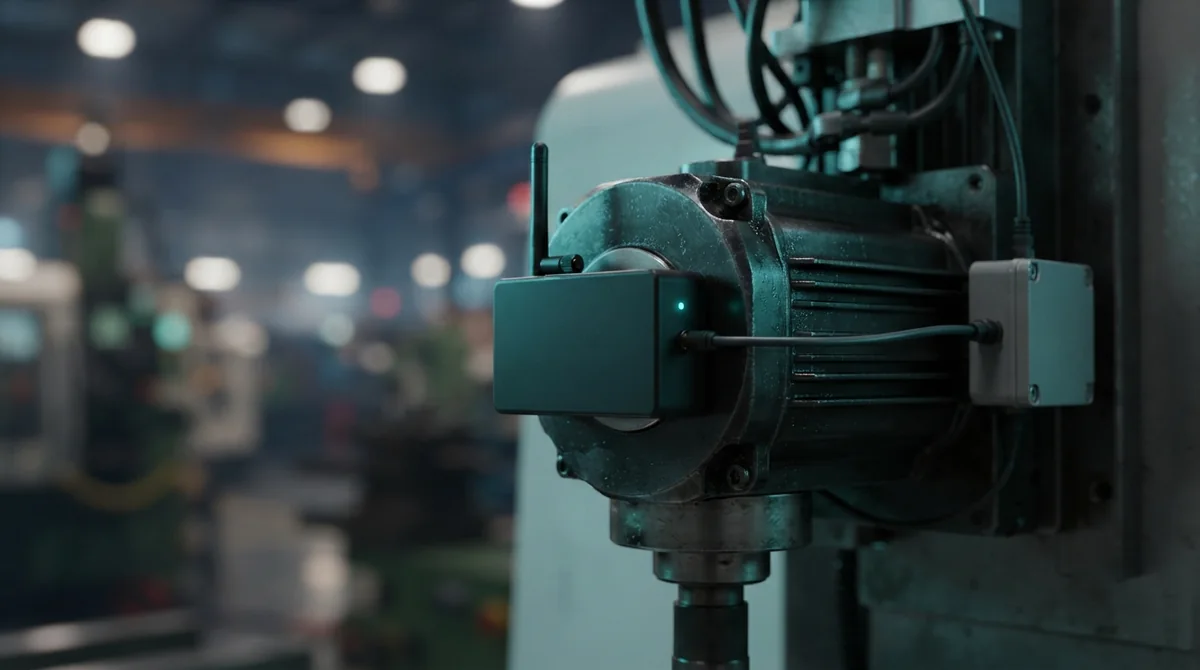 A small IoT sensor mounted on a machine motor, its status light glowing