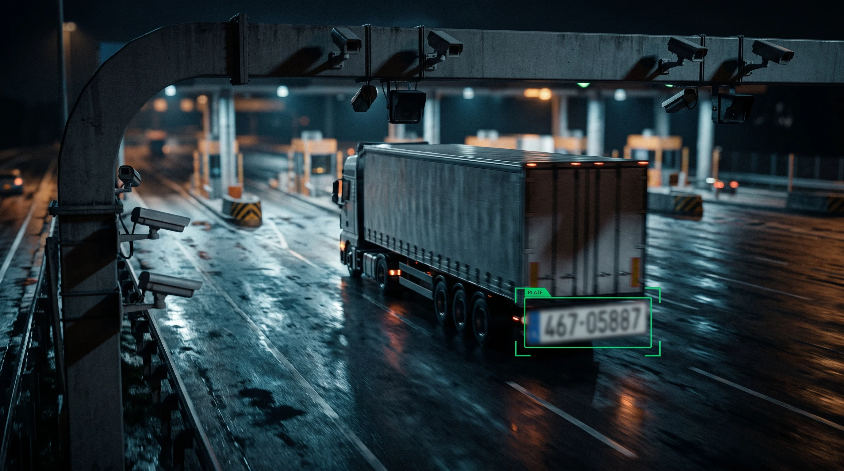 ANPR camera reading a truck number plate on a highway toll lane