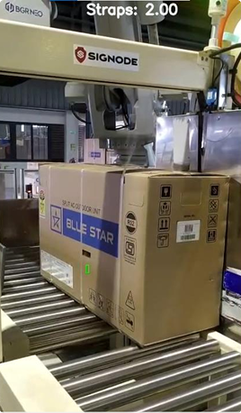 Sieora strap detection overlay counting the straps on a Blue Star carton at the strapping station