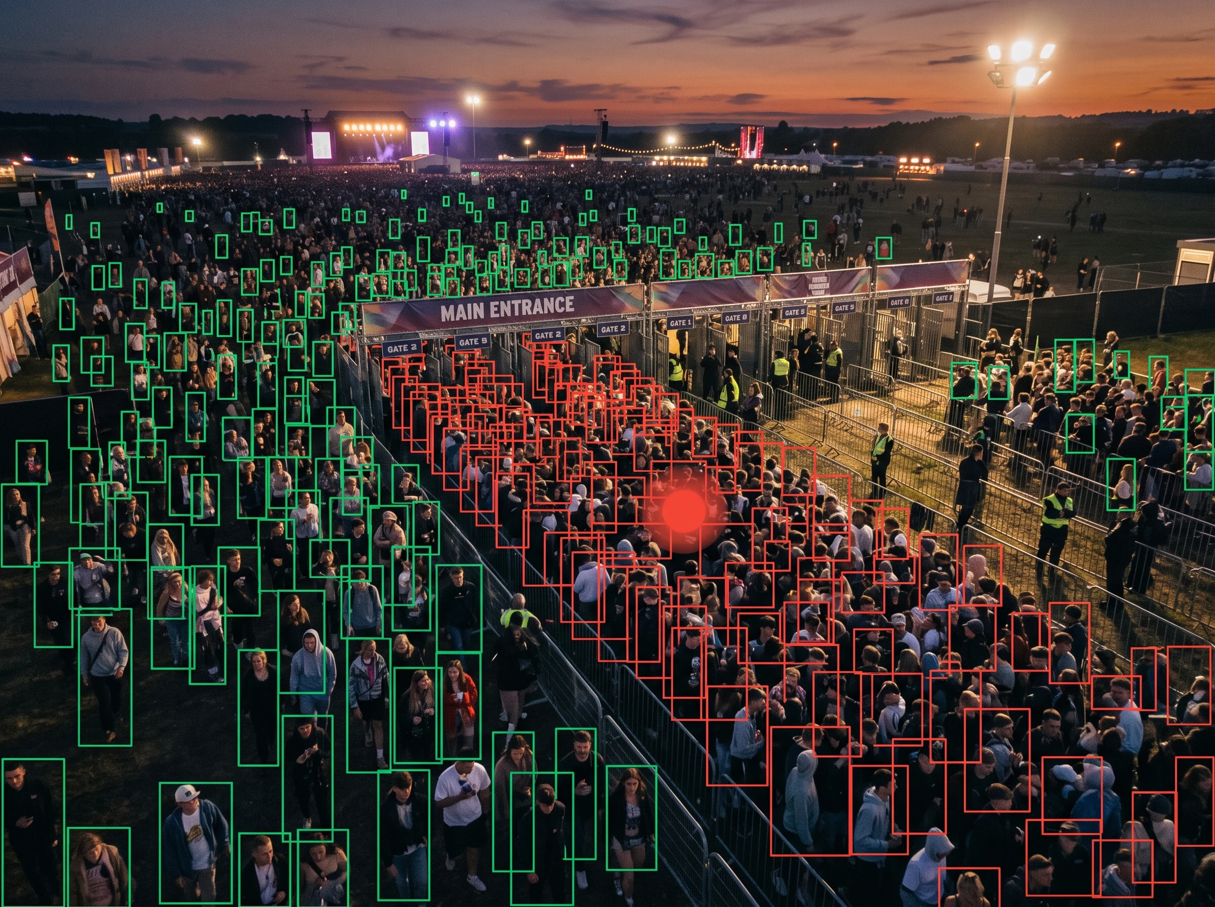 AI crowd safety alert flagging early overcrowding to help prevent a stampede