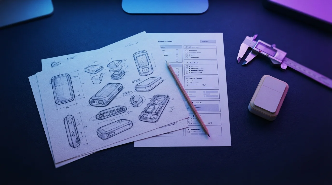 Product concept sketches and requirements for a new electronic device
