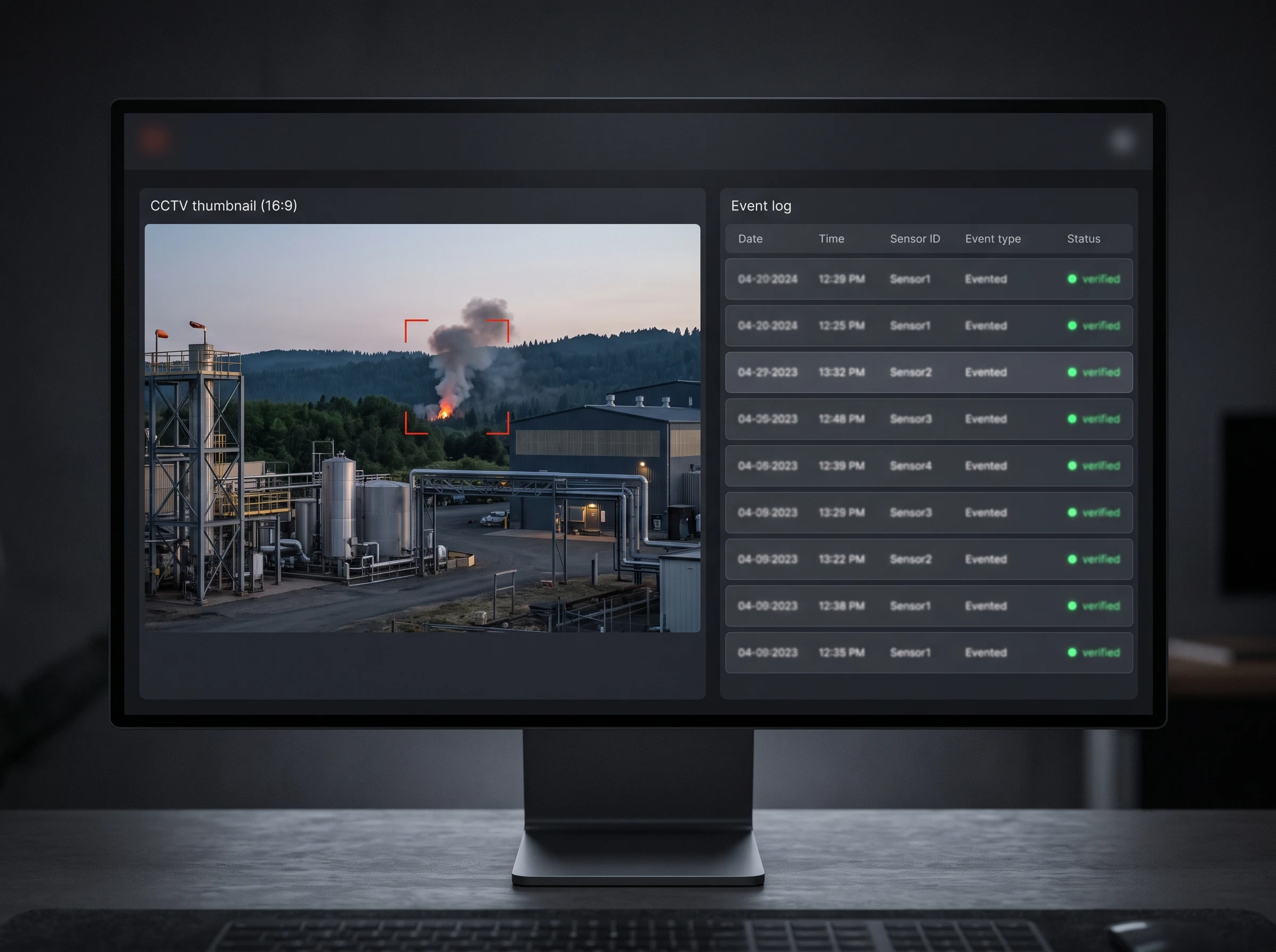 AI fire detection dashboard showing a verified alert with compliance-ready event log