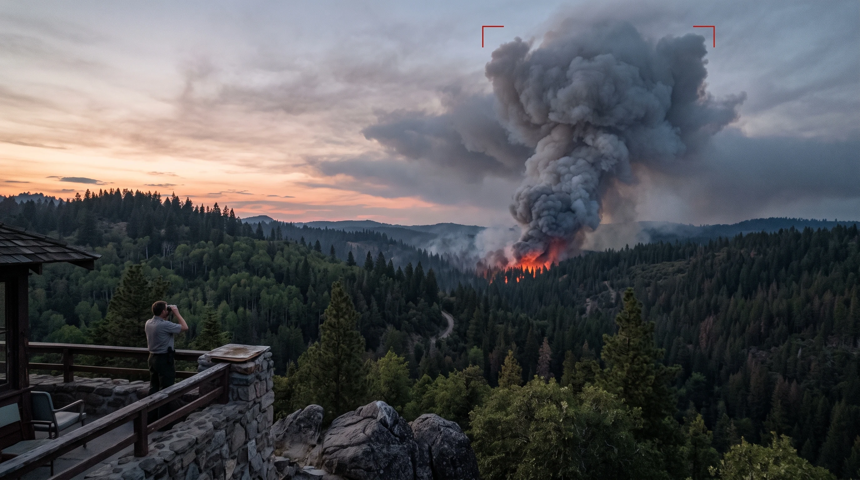 Wildfire detection spotting smoke on a forest perimeter camera