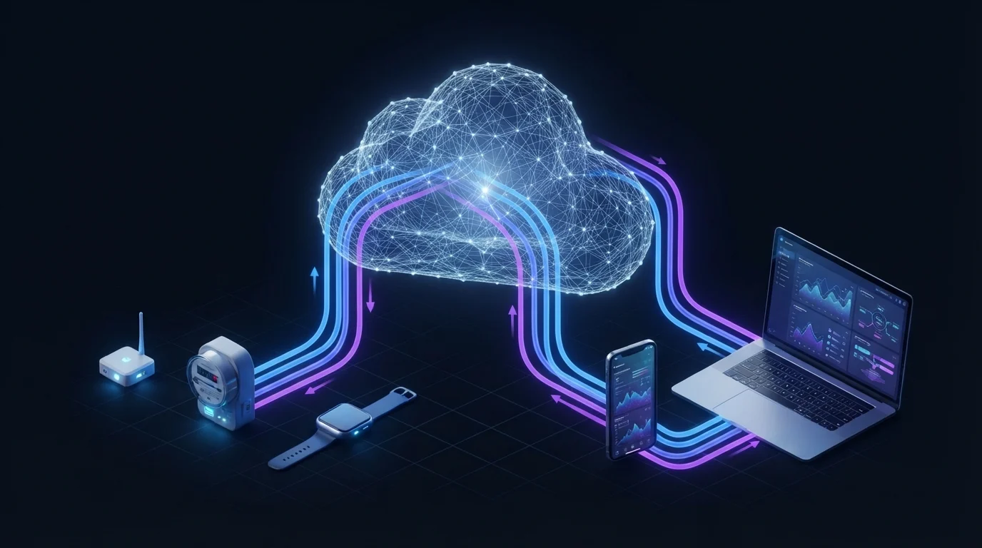 IoT app architecture from device to AWS IoT Core cloud to mobile app