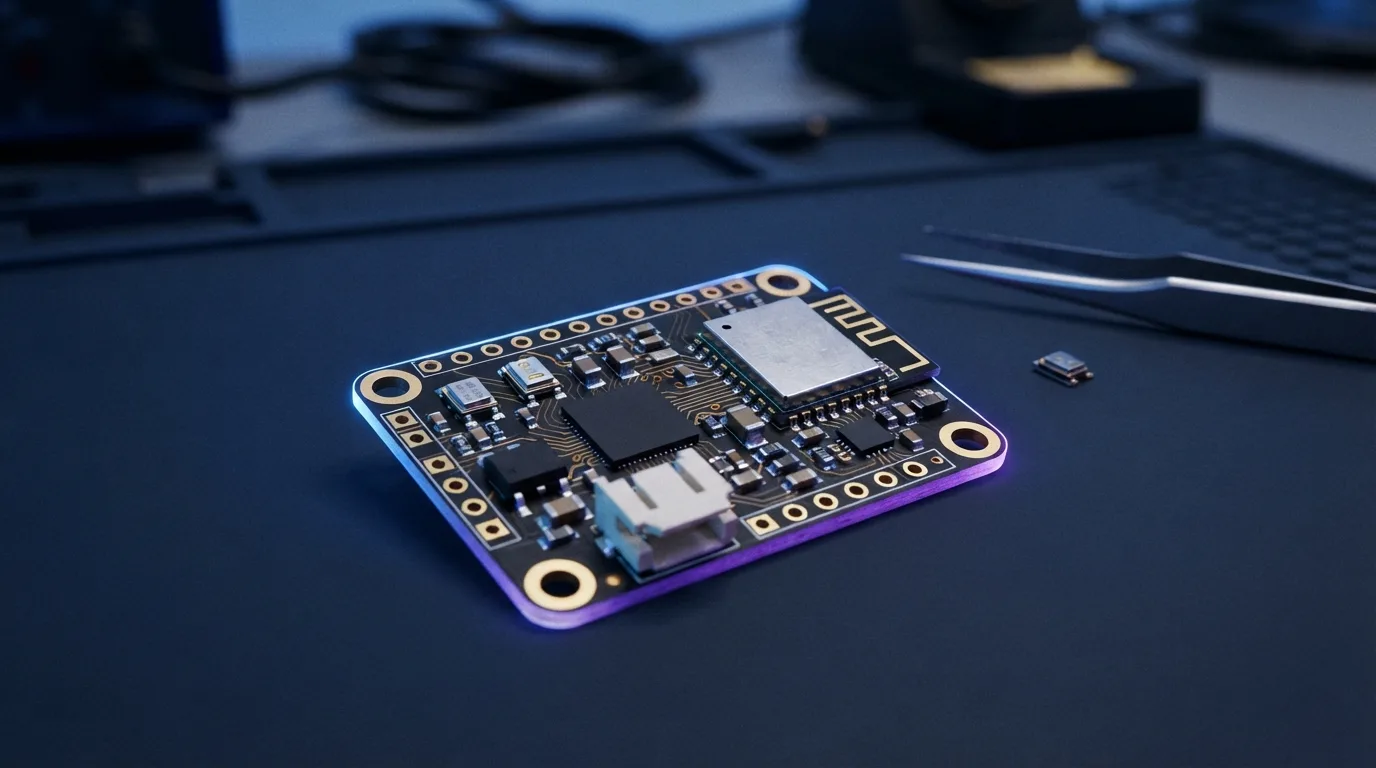 Custom IoT PCB with sensors and wireless module during prototype development