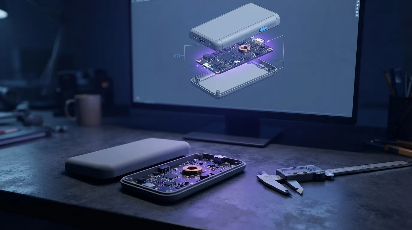SolidWorks enclosure design and 3D printed prototype of a connected device