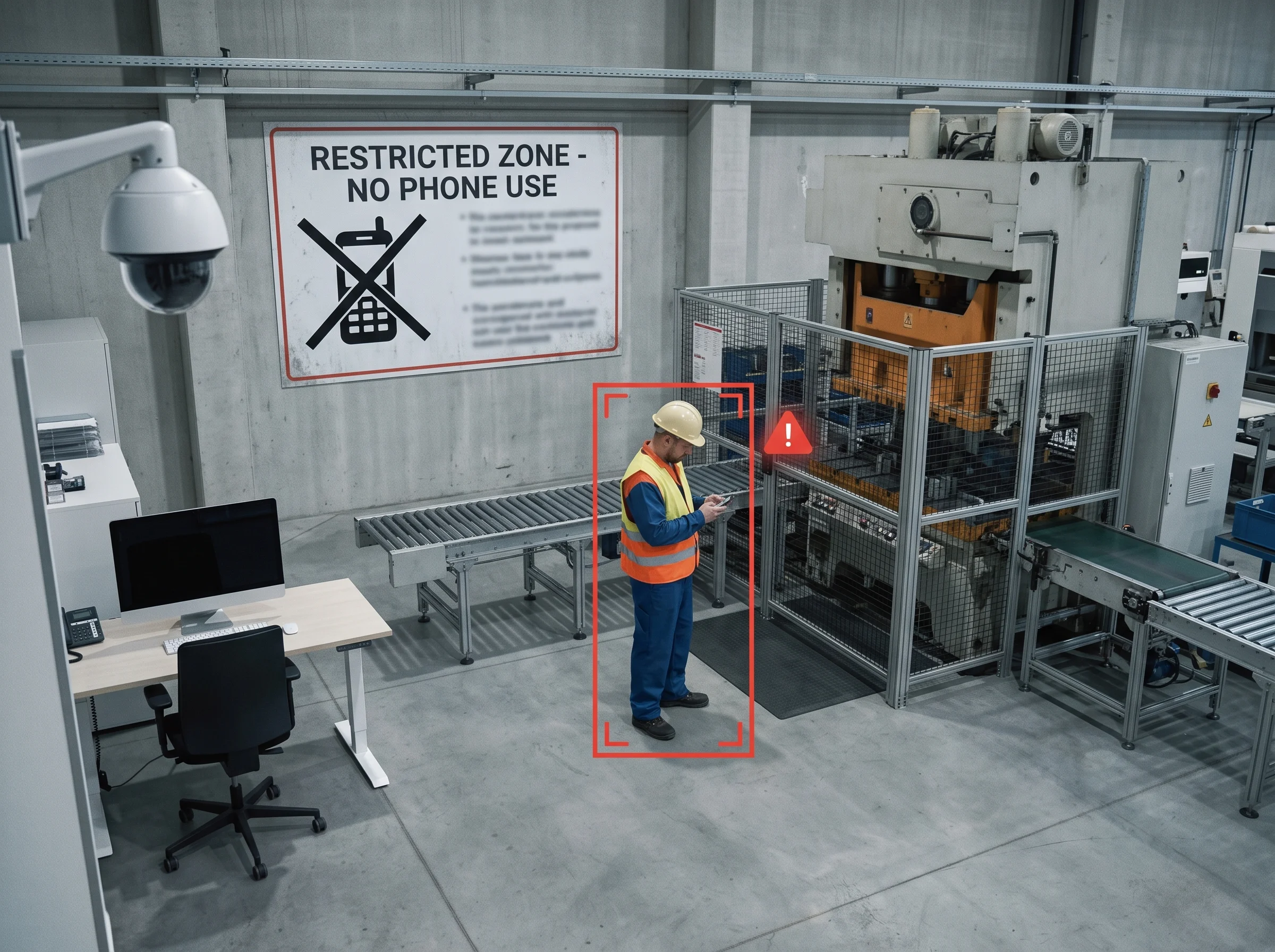 Phone use detection flagging a worker on a phone near machinery in a restricted area