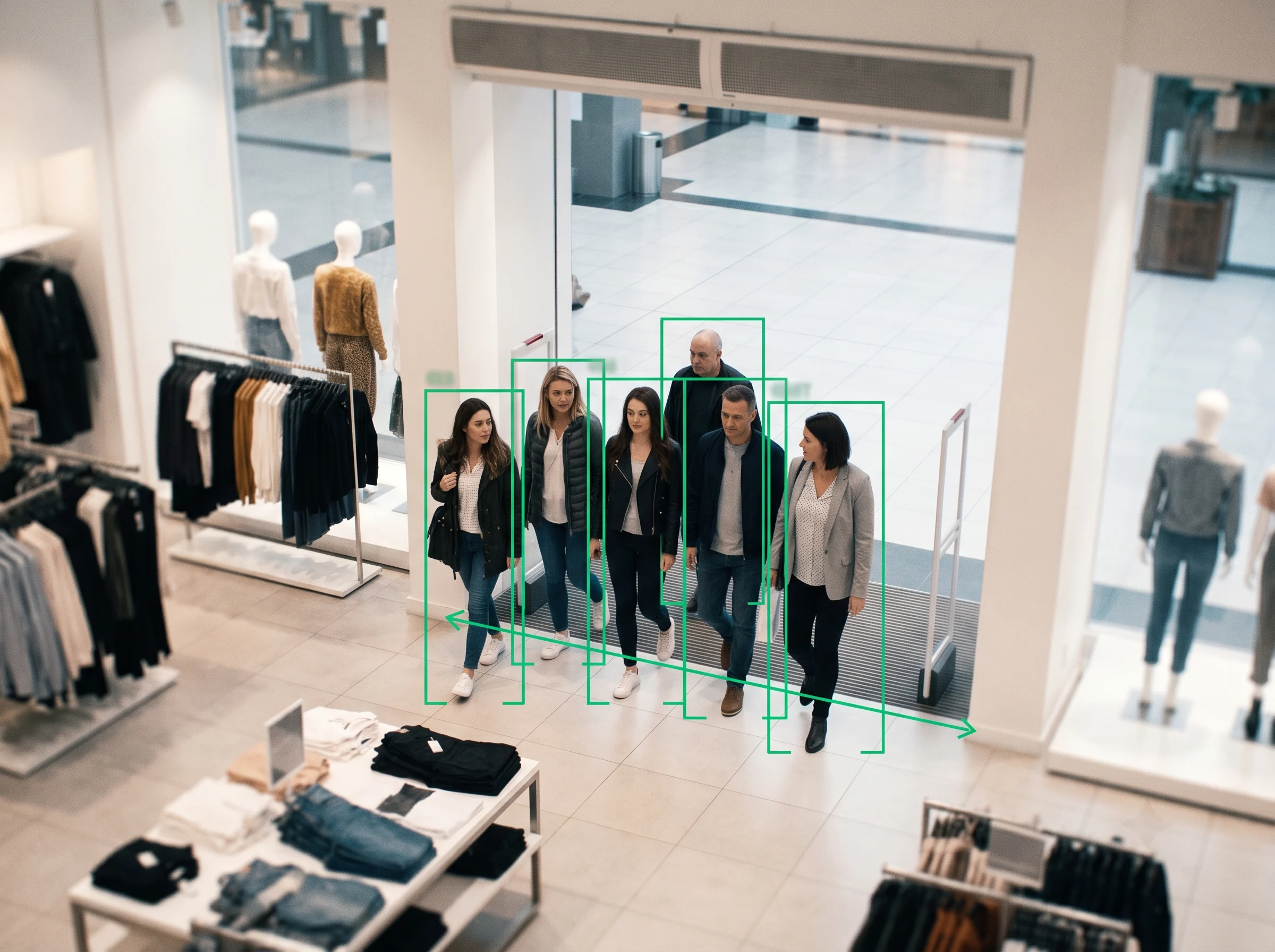 Footfall counting system accurately counting a group of shoppers at a store entrance