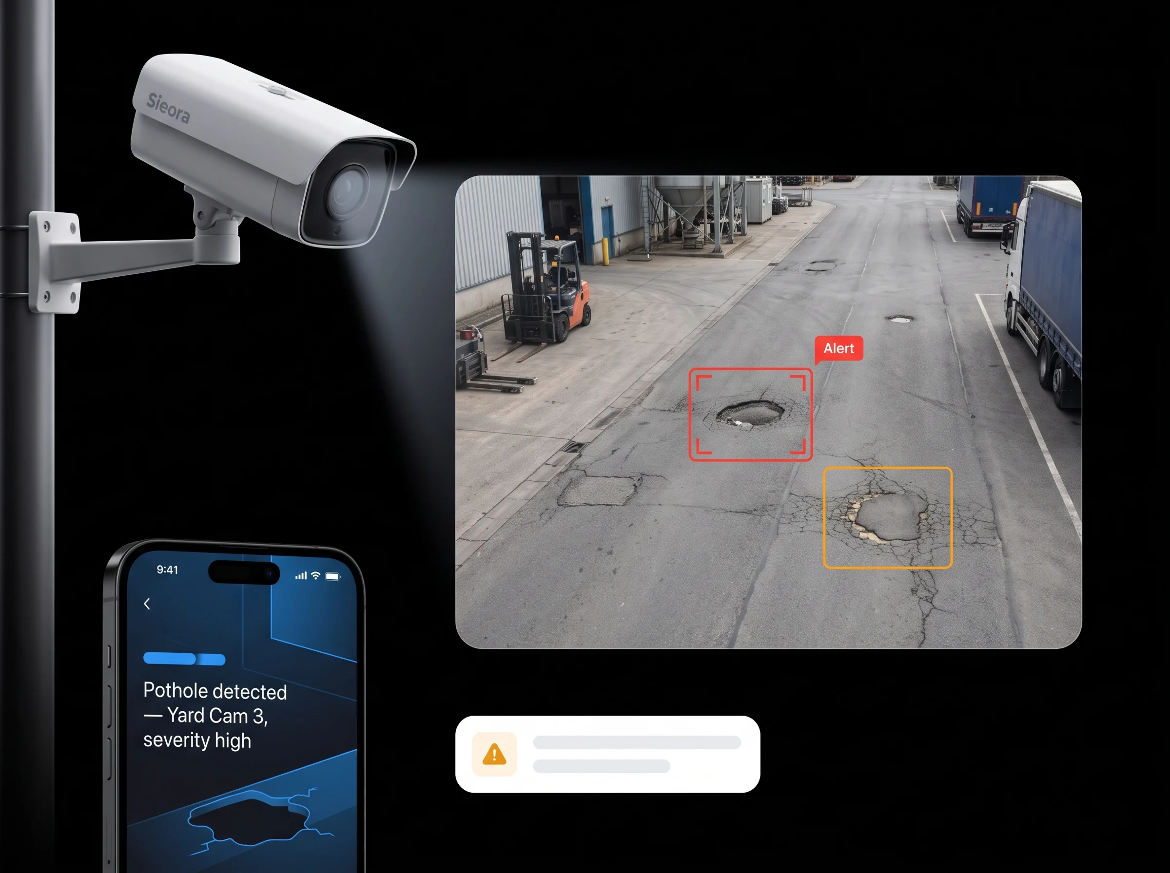 Sieora pothole detection software finding potholes and cracks on an existing CCTV camera view of a plant road