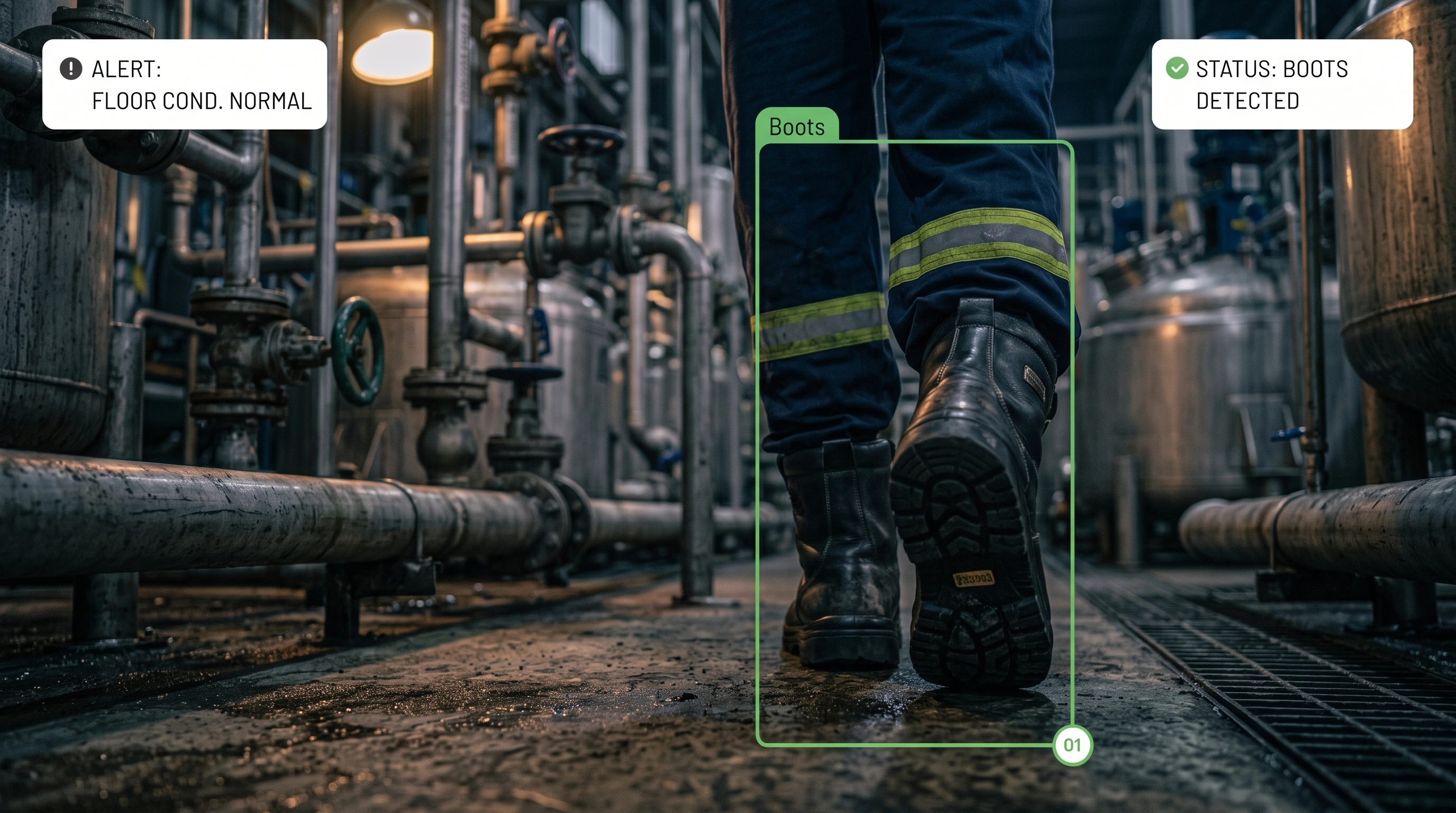 Safety boots and footwear detection on a worker on an industrial floor