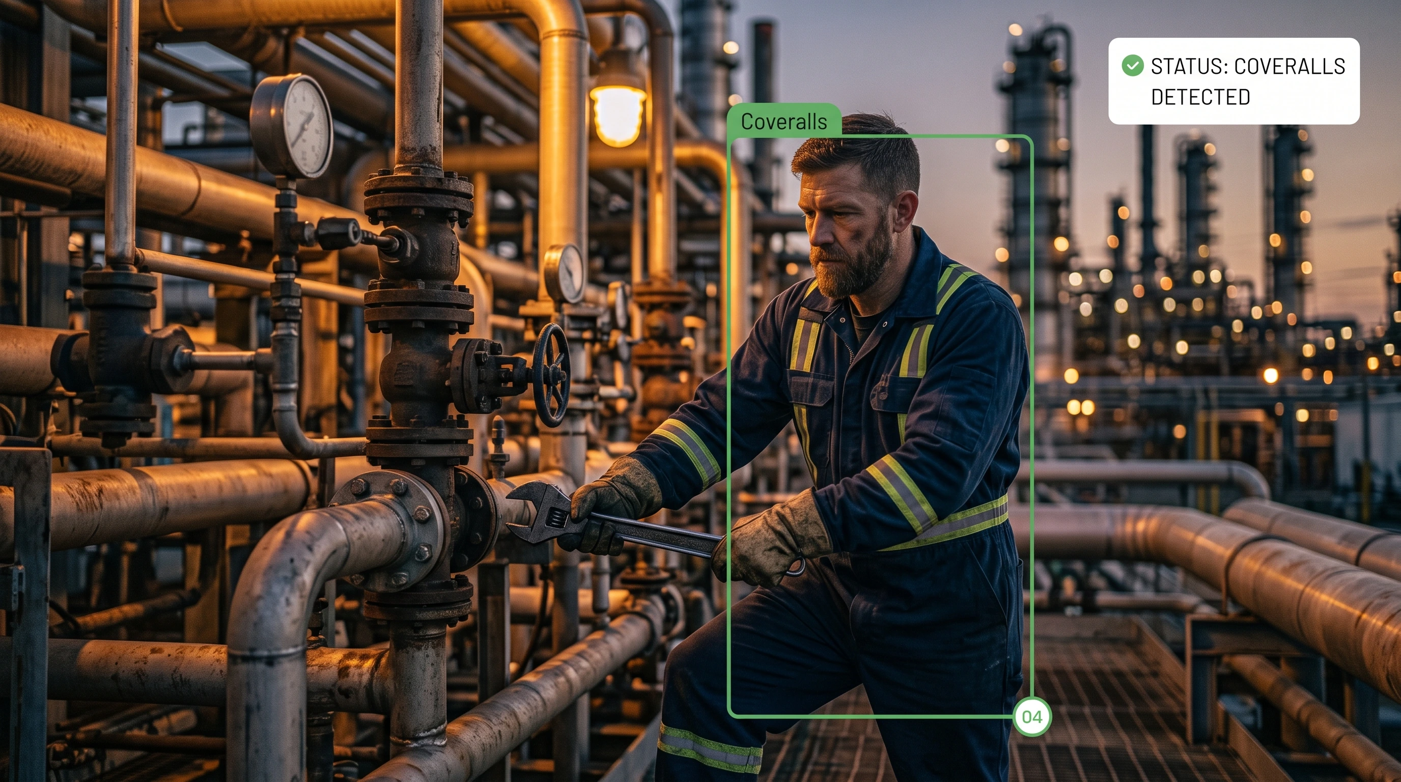 Coveralls and protective suit detection on a worker at an oil refinery
