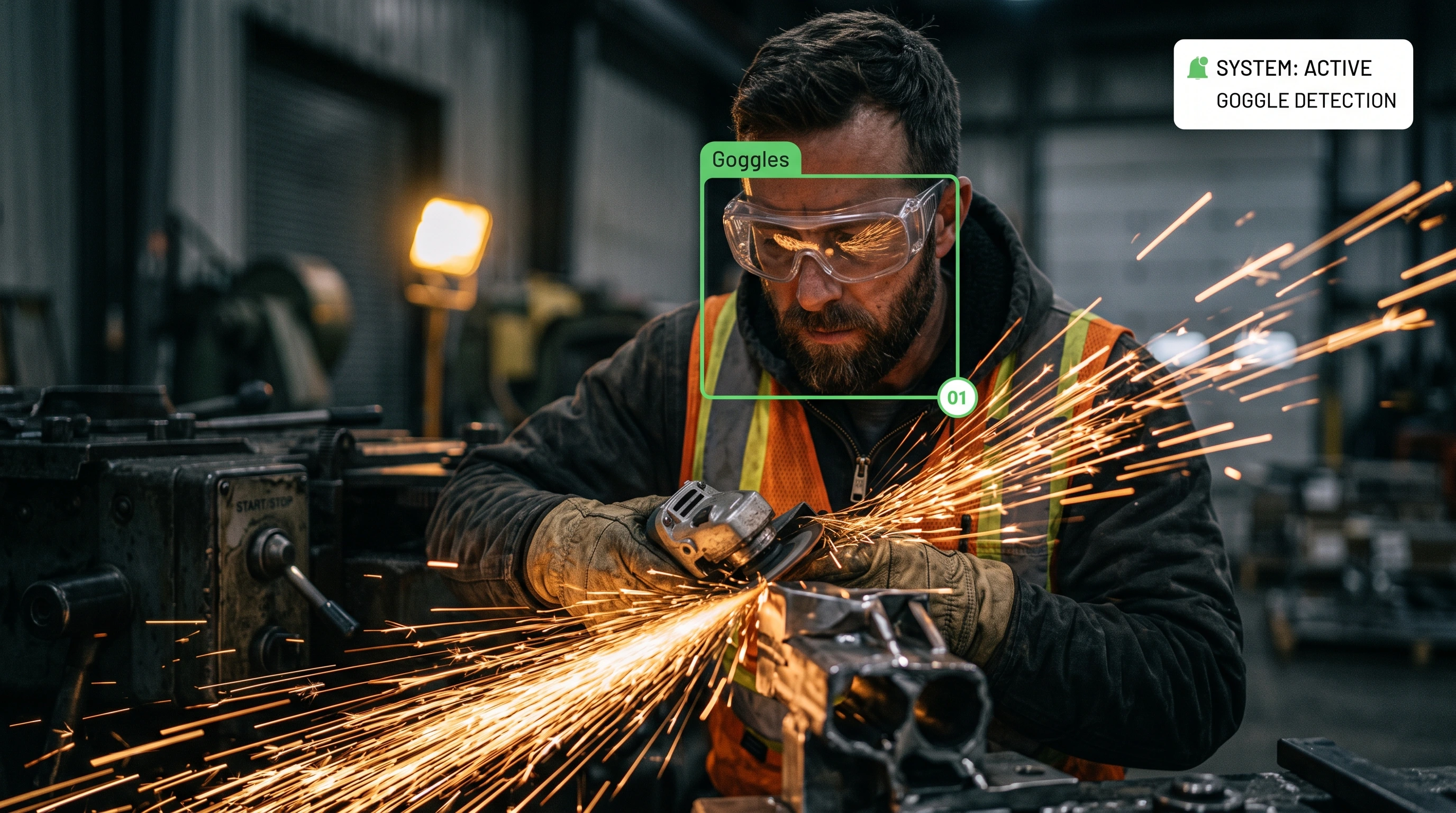 Safety goggles and eye protection detection on a worker grinding metal
