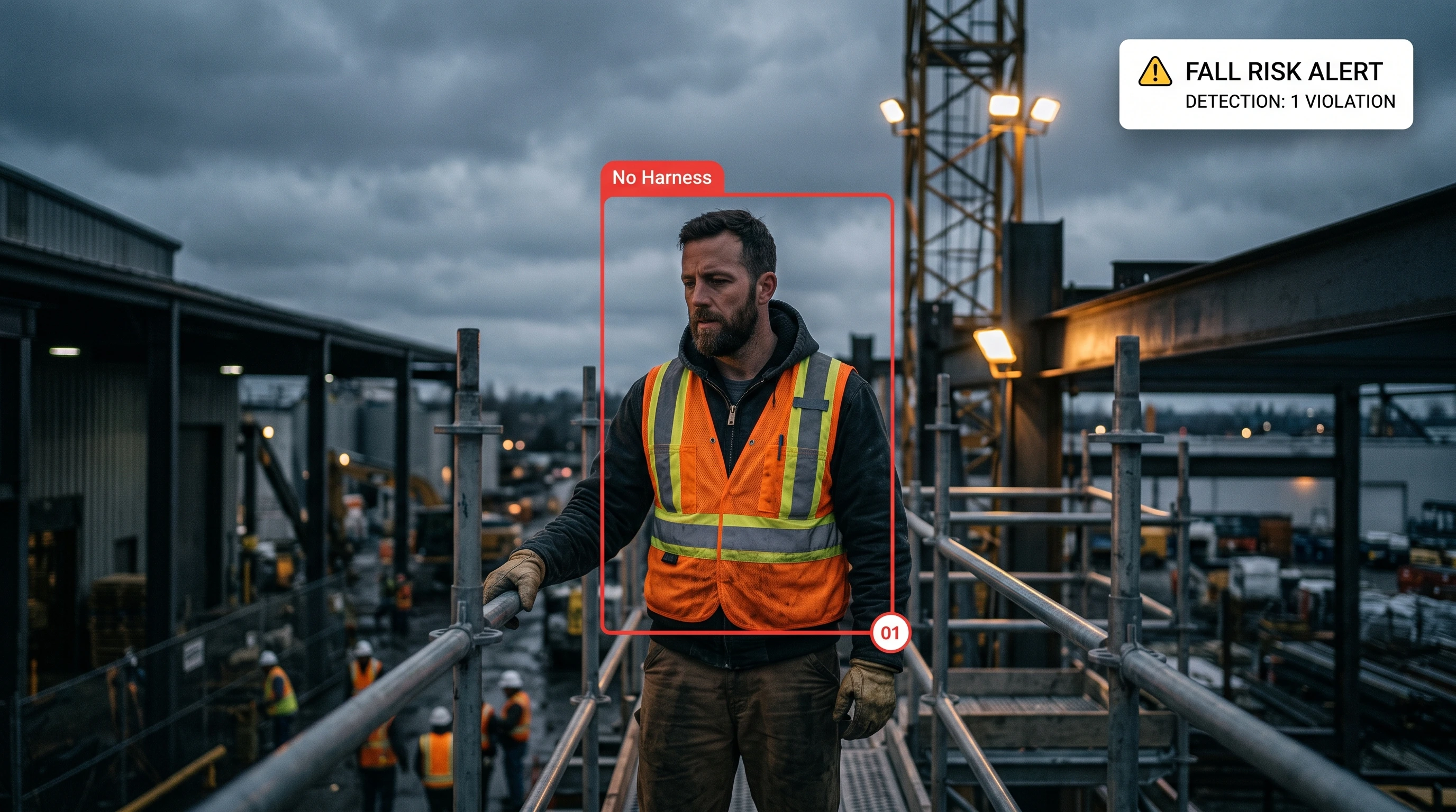 Safety harness and fall-protection detection on a worker at height on scaffolding