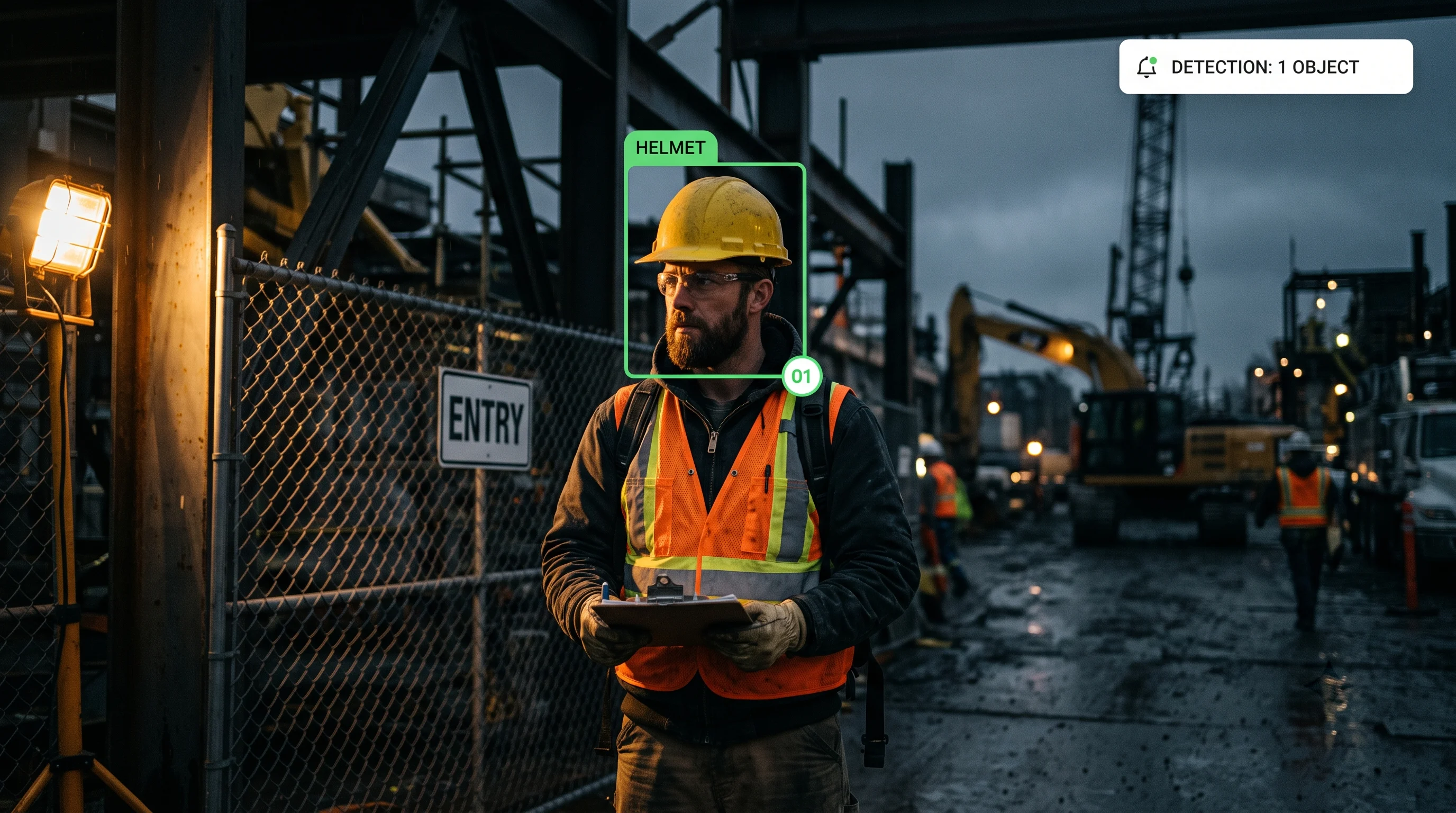 Helmet and hard hat detection on a worker at a construction site entry point