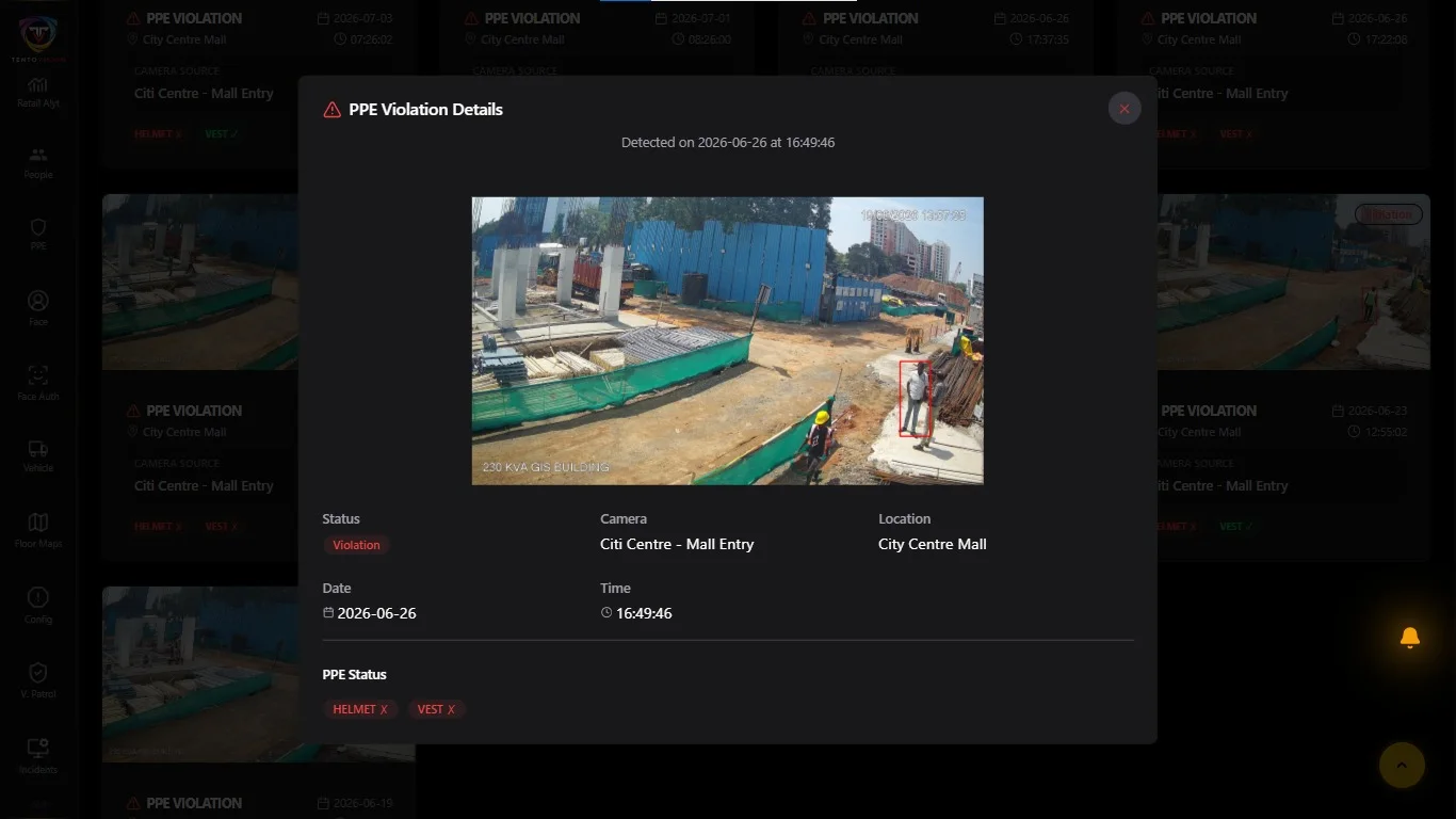 Helmet detection flagging a missing hard hat on a live construction site feed