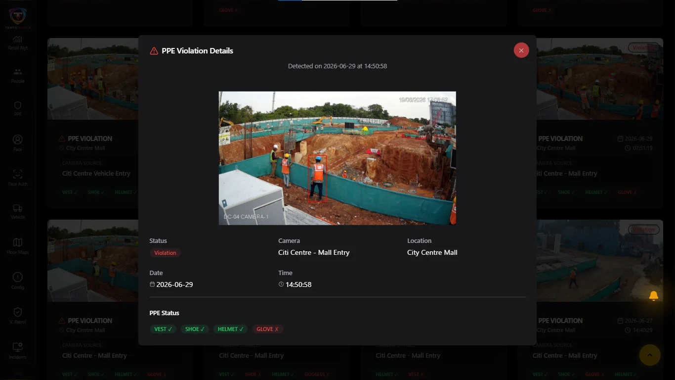 PPE detection running on a live construction site camera feed