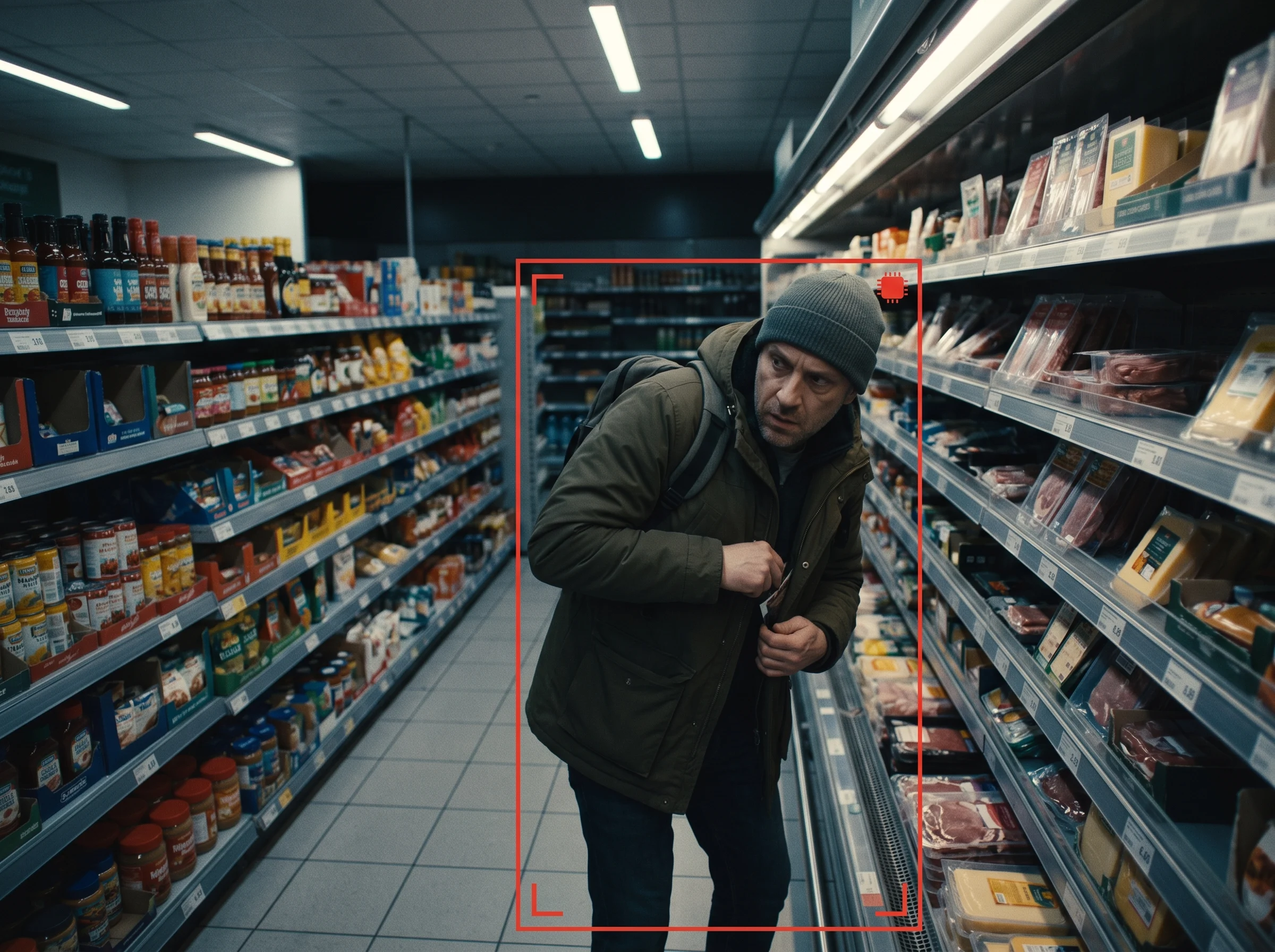 Retail video analytics flagging suspicious shoplifting behaviour on a store CCTV feed