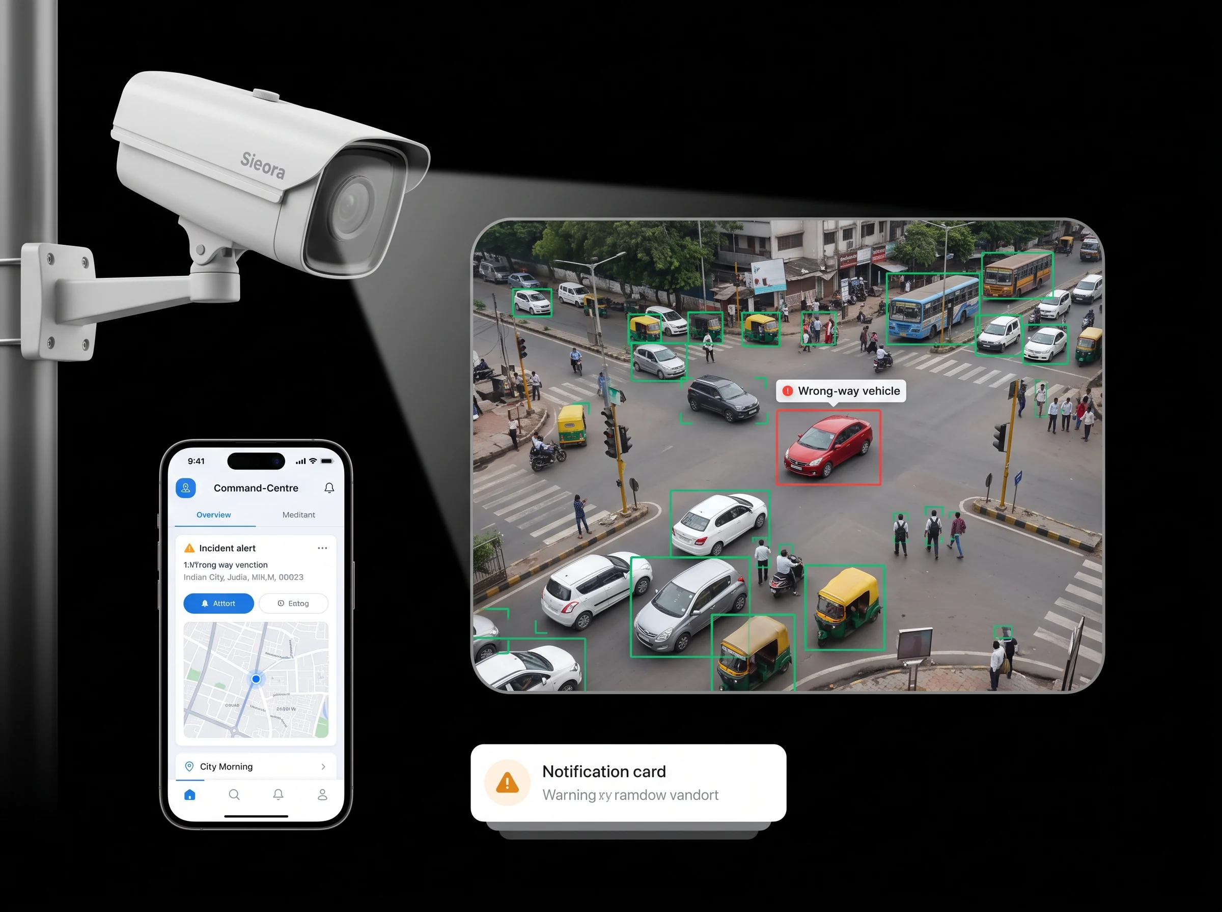 Sieora smart city video analytics software detecting traffic and crowd events on a live command-centre feed