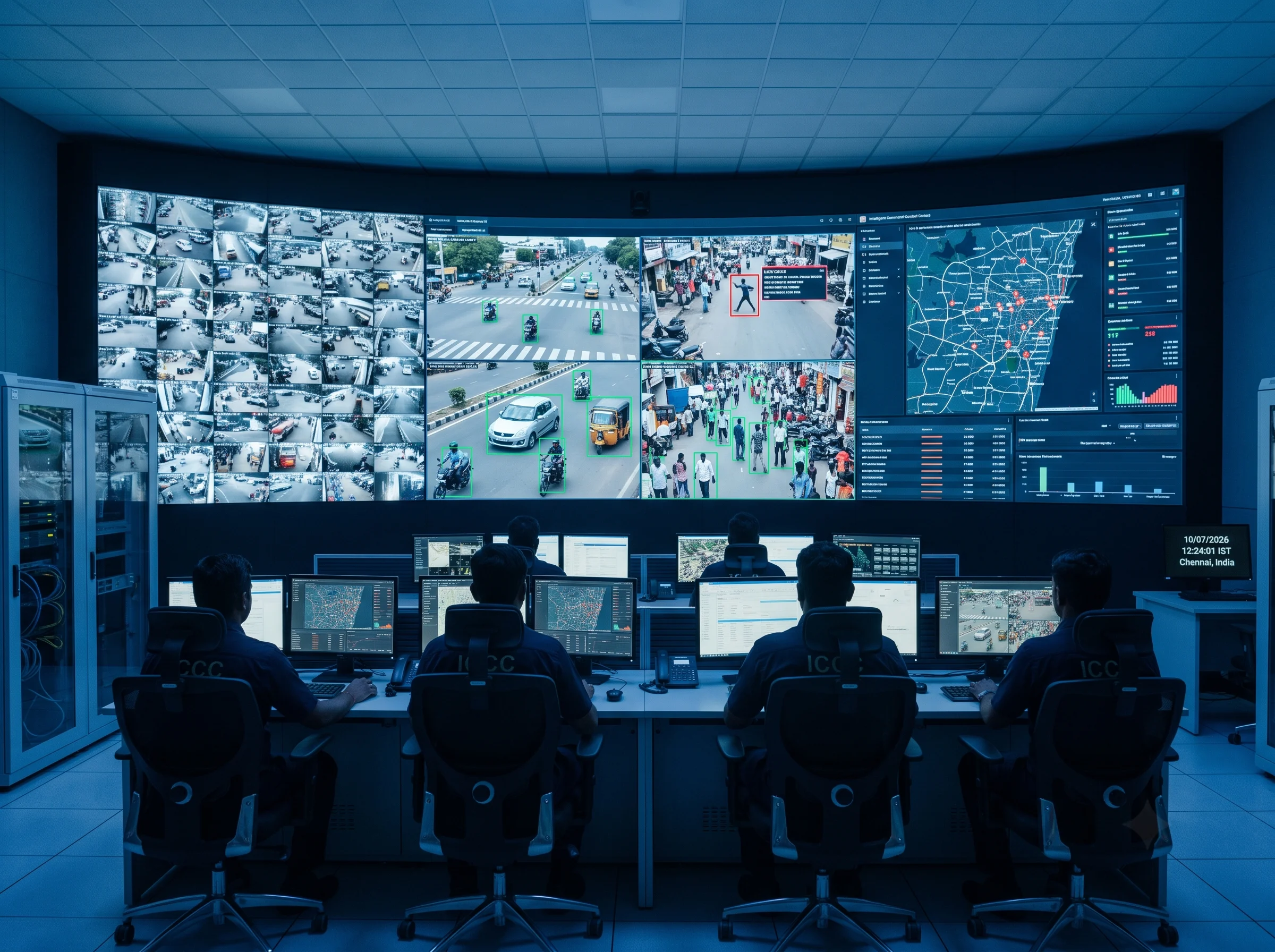 Smart city analytics alerts routed into an ICCC command-centre dashboard with a GIS map