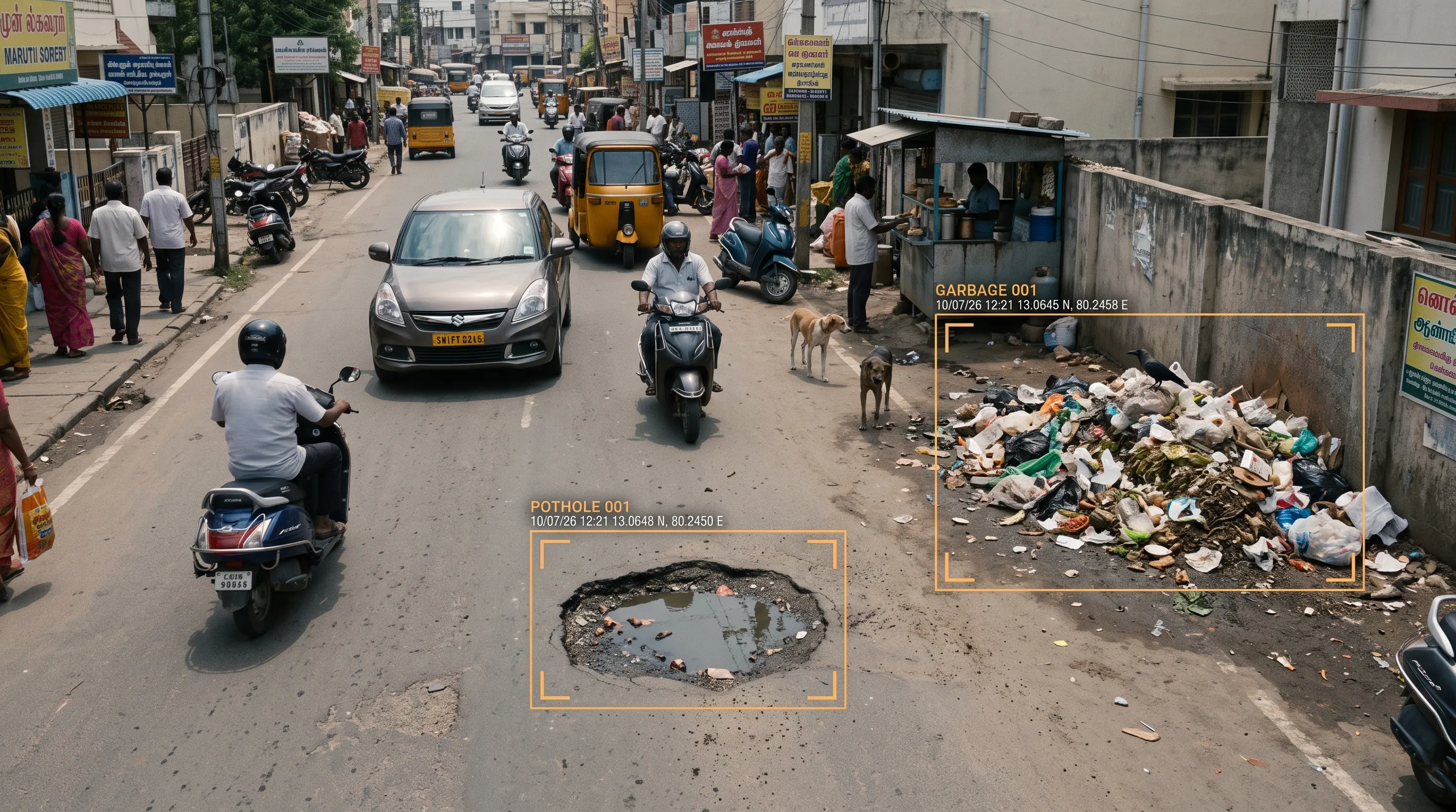 Municipal infrastructure monitoring detecting potholes and garbage on a city street