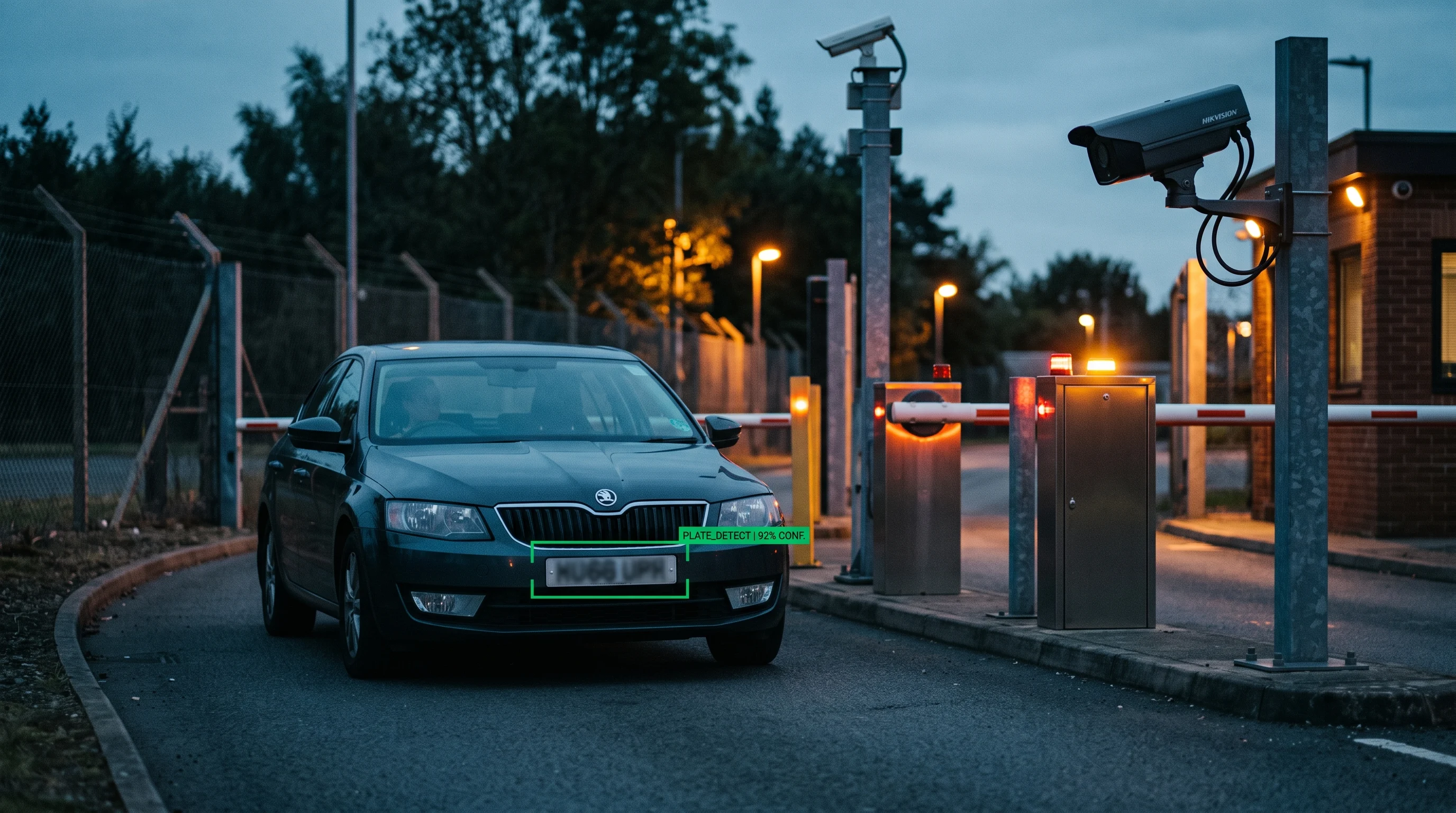 Video analytics ANPR reading a vehicle number plate at a gate