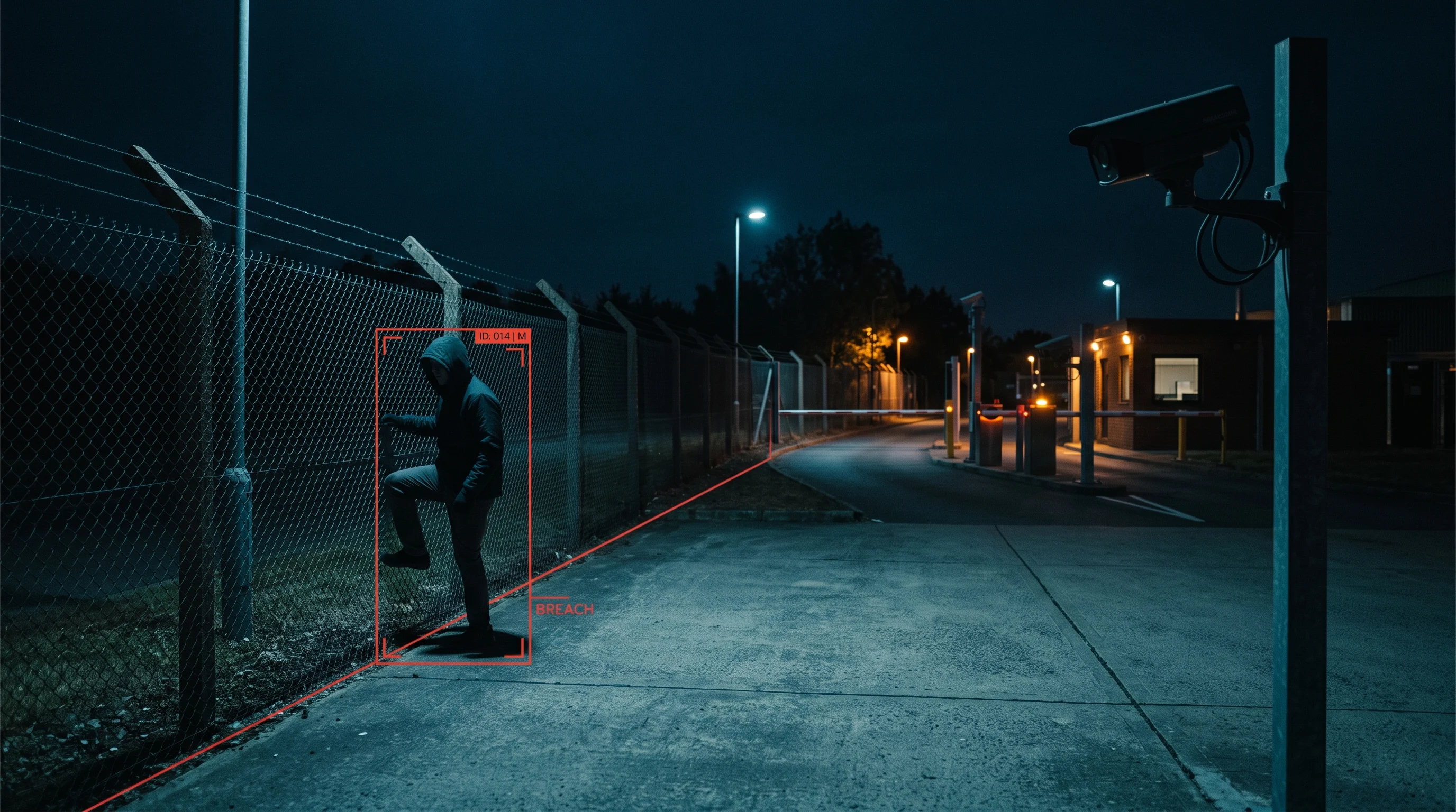 Video analytics intrusion detection flagging a person crossing a perimeter line