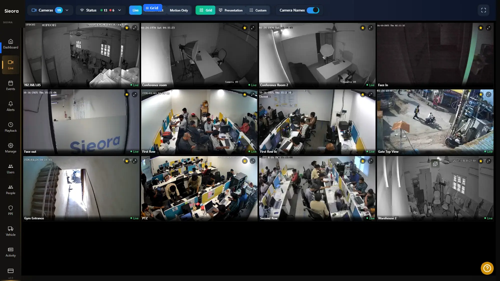 Live video monitoring dashboard showing multiple camera brands in one VMS view
