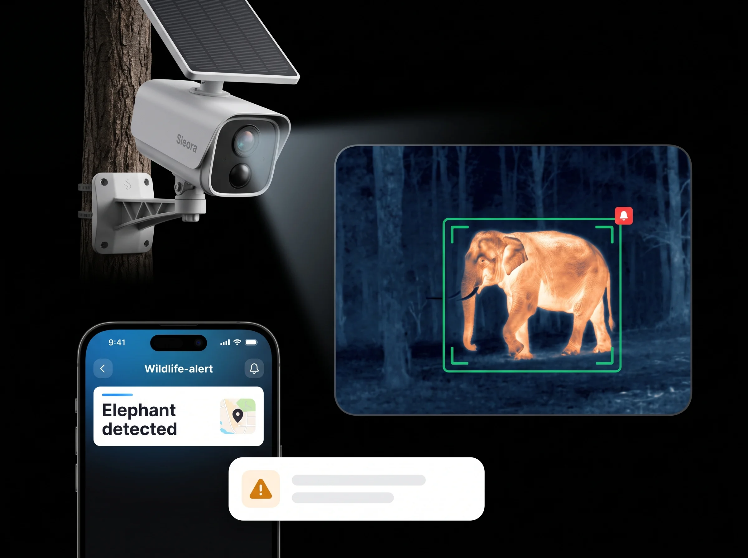 Sieora wildlife monitoring system detecting an elephant at night on a thermal forest camera feed